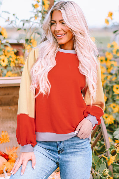 Women‚Äôs Casual Orange Color Block Raglan Sleeve Top with Side Slits - Relaxed Fit for Effortless Style