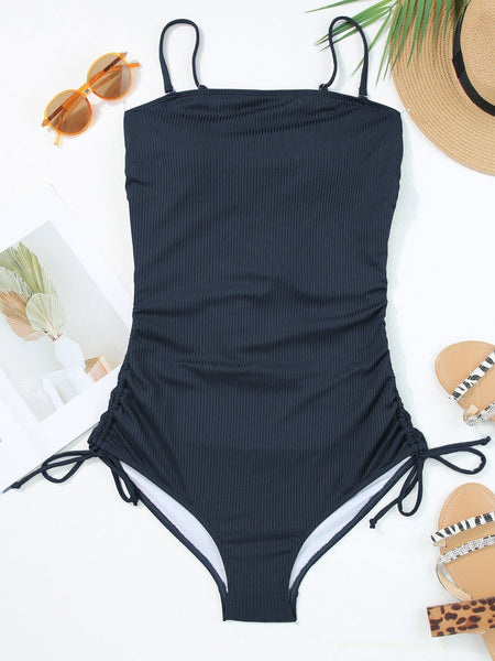 Nautical Blue Ribbed Ruched Drawstring Monokini