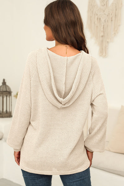 Women's Cozy Apricot Waffle Knit Hoodie with Button V-Neck and Drawstring - Loose-Fit Thermal Top for Ultimate Comfort