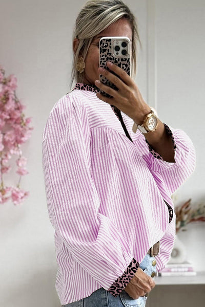 Women's Pink Striped and Leopard Patchwork V-Neck Blouse with practical styling and dependable silhouette control.