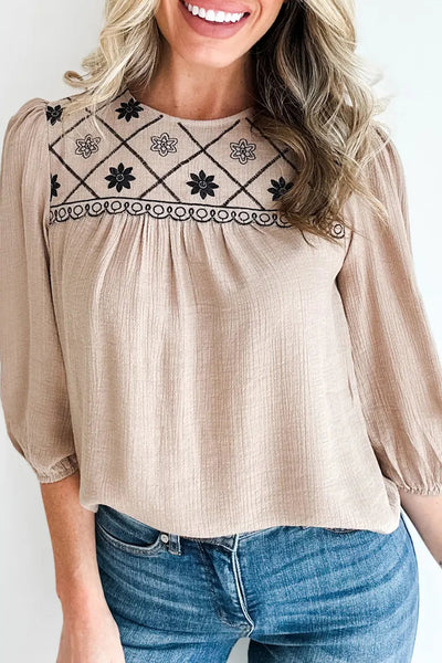 Women's Embroidered Puff Sleeve Blouse in Parchment - Chic Round Neck Top for Effortless Casual Style