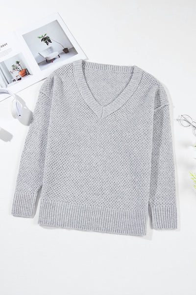 Trendy Light Grey Loose-Fit Eyelet V-Neck Sweater for Women with Drop Shoulder Design for Effortless Chic Style