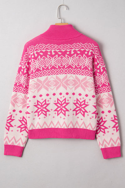Women's Quarter-Zip Rose Pink Snowflake Fair Isle Sweater