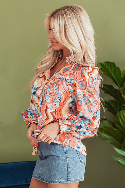 Women's Stylish Orange Floral Print Loose Blouse with Shirred Cuffs and Button Detail - Comfortable Casual Top