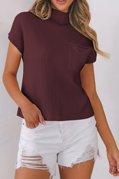 Women's Mineral Red Ribbed Knit Short Sleeve Sweater with Patch Pockets - Stylish and Comfortable Casual Top