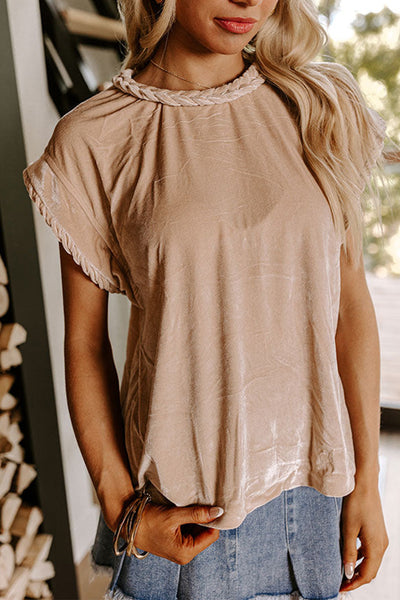 Women's Parchment Velvet Blouse with Braided Trim - Chic Short Sleeve Round Neck Top for Effortless Style and Comfort