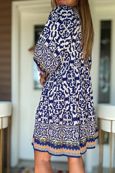 Women's Chic Blue Boho Mini Dress with Geometric Print & Contrast Trim - Perfect for Stylish Summer Outings