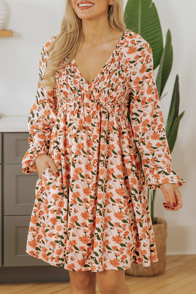 Women's Smocked Beige Floral Babydoll Dress with Bubble Sleeves