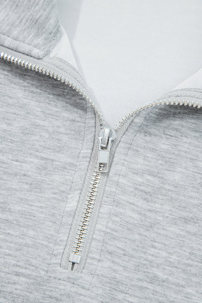 Women's Light Grey Casual Long Sleeve Zip Collar Top & Drawstring Pants Set - Stylish, Comfortable, Ideal for Daily Wear