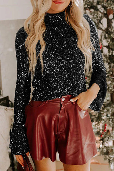 Chic Women's Black Sequin Mock Neck Top with Draped Open Back & Bell Sleeves Perfect for Elegant Evenings Out