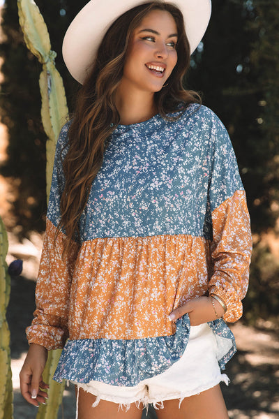 Trendy Women's Orange Floral Color Block Blouse with Ruffled Hem - Stylish Round Neck Top for Any Occasion