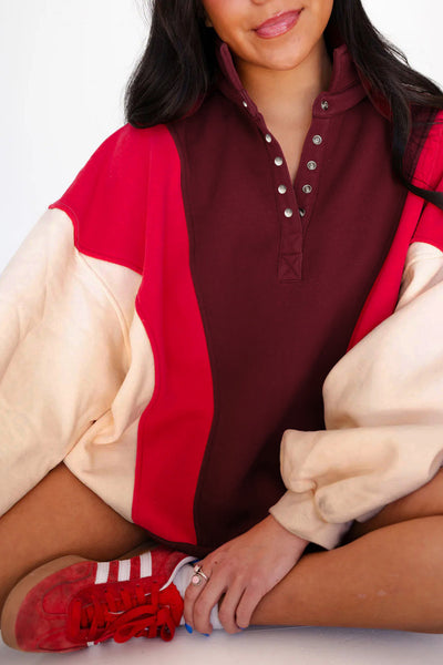 Women's Oversized Color Block Henley Sweatshirt in Crimson