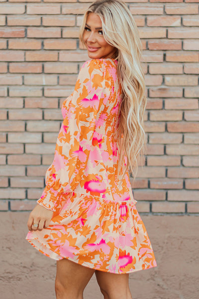 Trendy Women's Orange Abstract Print Ruffle Mini Dress with Smocked Lantern Sleeves for Summer Fashion
