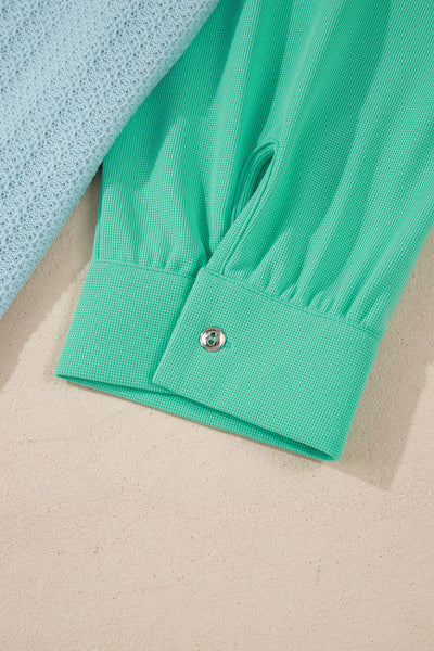 Women's Stylish Green Colorblock Long Sleeve Top with Button Closure & Stitching Detail - Casual Chic for Everyday Wear