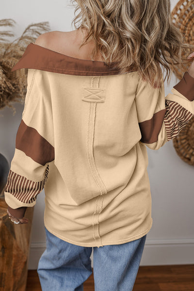 Trendy Women's Light Beige Striped Colorblock Sweatshirt with Stylish Collar Comfortable Fit for Casual Outings