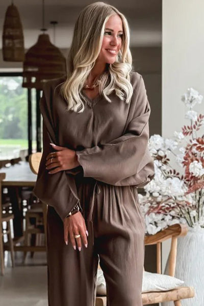 Women's Dark Khaki Oversized V-Neck Top & Drawstring Loose Pants Set with Braided Trim Stylish 2-Piece Outfit