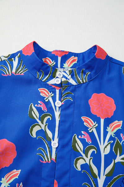 Women's Blue Floral Ruffle Hem Dress with Button Detail & 3/4 Puff Sleeves - Perfect for Spring & Summer Events