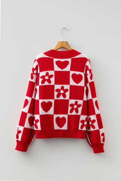 Women's Red Heart and Floral V-Neck Checkerboard Knit Sweater