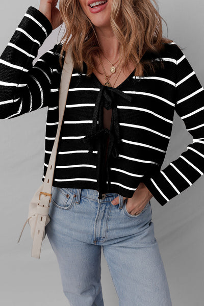 Cozy Women's Black Striped V-Neck Cardigan Sweater with Tie Front - Effortless Layering for Chic Fall Style