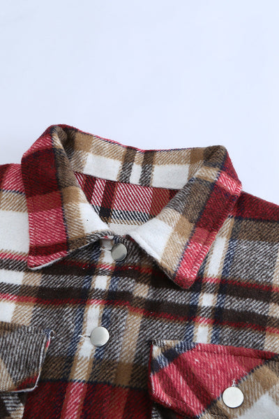 Chic Fiery Red Geometric Plaid Shacket for Women - Stylish Fall Layering Essential with Convenient Pockets