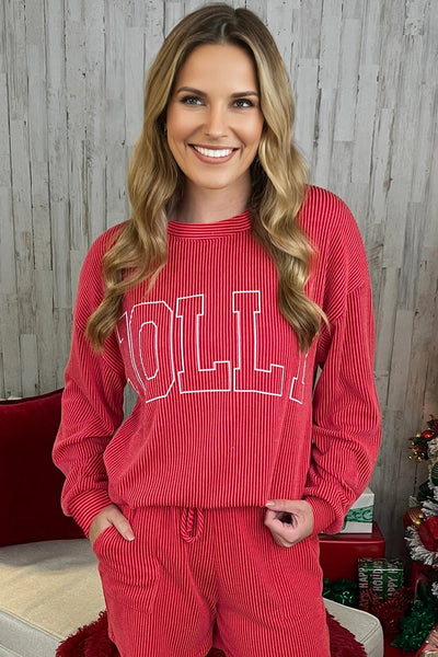 Women's Casual Loose Fit Racing Red Twisted Rib Long Sleeve Top with Merry Graphic for Effortless Everyday Style