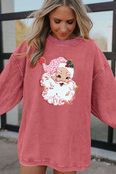 Women's Strawberry Pink Ribbed Sparkle Santa Sweatshirt