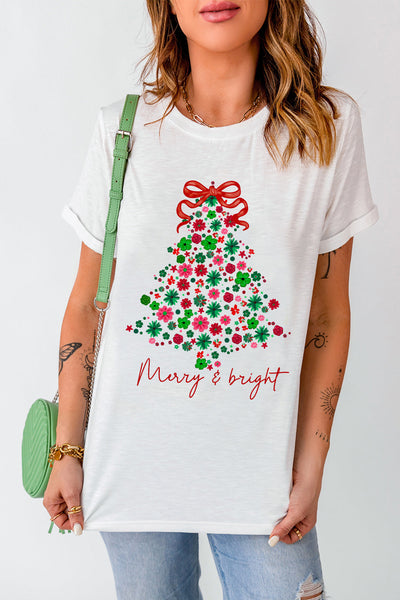 Women's Floral Christmas Tree Graphic Tee in Soft Cotton Blend
