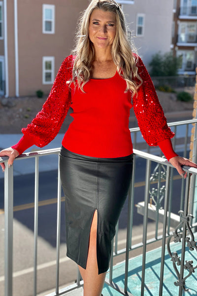 Women's Festive Chic Fiery Red Sweater with Sequin Sleeves and Ribbed Knit for Holiday Celebrations