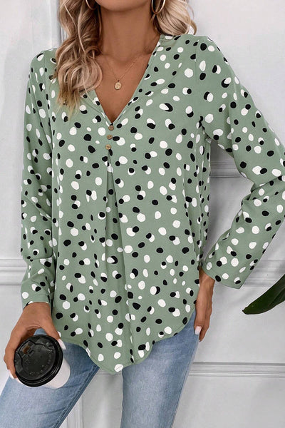 Stylish Women's Green Polka Dot V-Neck Blouse with Button Front - Perfect Casual Top for Spring and Summer Fashion