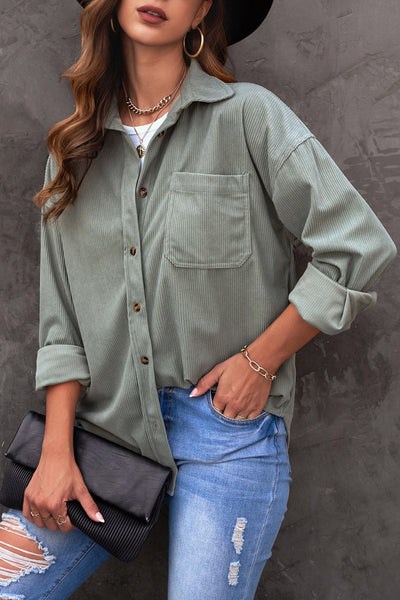 Women's Casual Gray Corduroy Button-Up Shirt with Pockets - Chic Everyday Fit for Comfort and Style