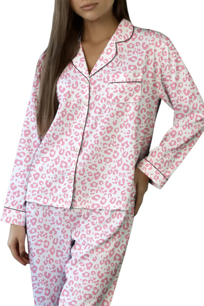 Women's Pink Leopard Print Viscose Pajama Set with Contrast Piping