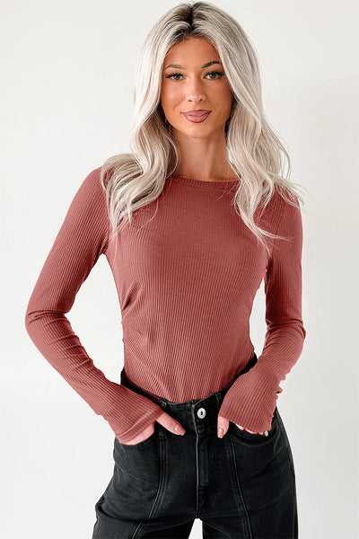 Chic Mineral Red Ribbed Long Sleeve Bodysuit for Women - Fitted Crew Neck Top for Effortless Style & Versatile Looks