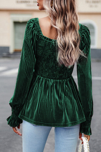 Women's Smocked Ribbed Velvet Babydoll Top in Blackish Green - Chic and Comfortable for Effortless Everyday Style