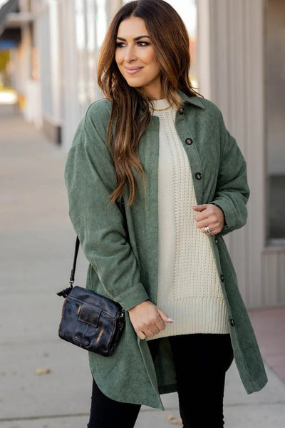 Stylish Women's Oversized Mist Green Corduroy Shacket with Side Slits Comfortable Layering Essential for Every Season