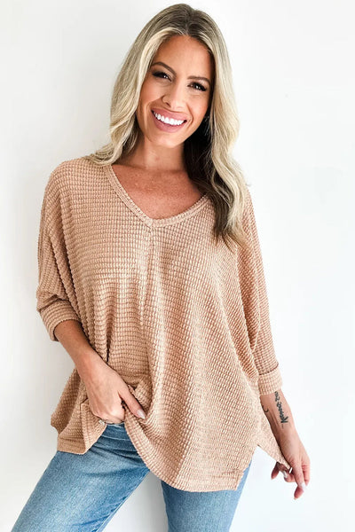 Effortless Casual Women's Light Beige 3/4 Sleeve V-Neck Textured Knit Top in Loose Fit for Everyday Wear