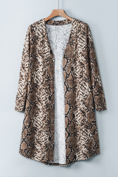Women's Brown Snake Print Longline Slim Blazer with Lapel