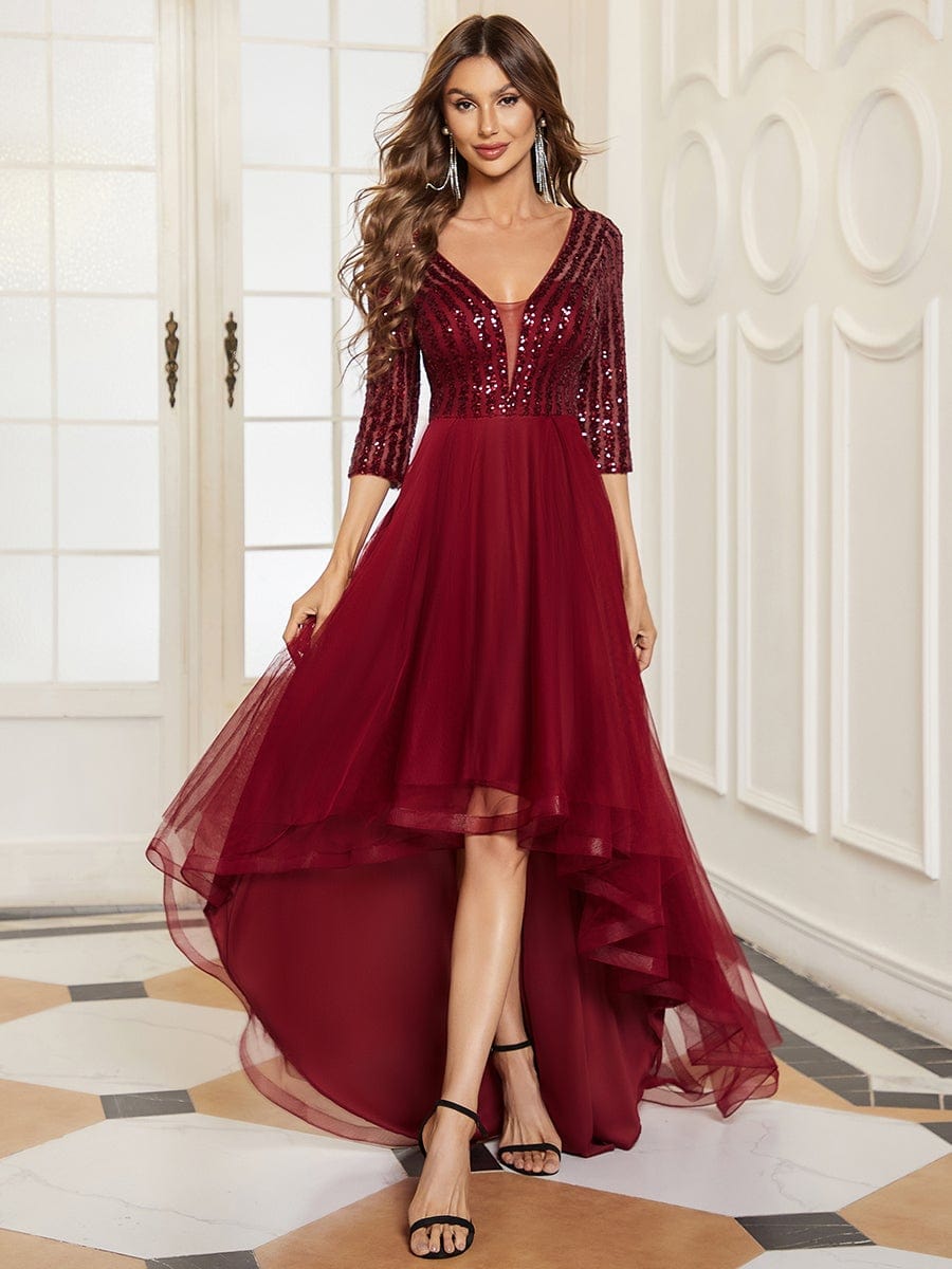 3/4 Sleeve Sheer Sequin Stripe High Low Hem Evening Dress – FASHION PLAY