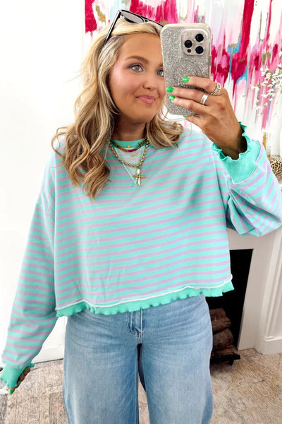 Cozy Oversized Green Stripe Sweatshirt for Women with Exposed Seams & Contrast Trim - Casual Chic Essential