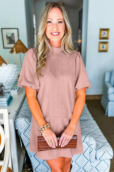 Women's Casual Sepia Rose Mini Dress with Frills, Short Puff Sleeves, and Round Neck Perfect for Any Occasion