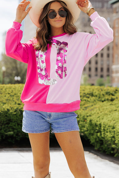 Trendy Women's Pink Color Block Sequined Cowgirl Sweatshirt - Casual Chic Style for Ultimate Comfort and Fashion