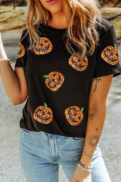 Women's Black Sequin Pumpkin Face Halloween T-Shirt - Fun, Festive, and Comfortable Casual Fit for Spooky Season