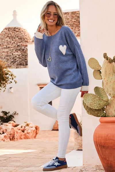 Women's Cozy Ashleigh Blue Heart Print Sweater with Contrast Cuffs - Casual Chic Baggy Fit for Everyday Style