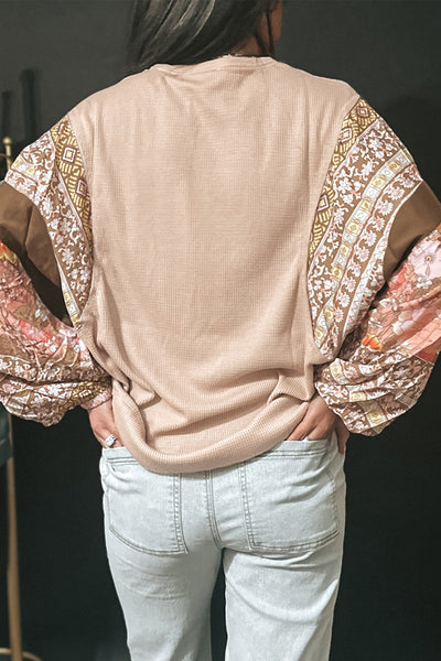 Trendy Women's Floral Patchwork Puff Sleeve Waffle Knit Top in Parchment - Chic and Comfortable for Any Occasion
