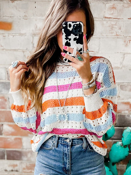 Striped Hollowed Knitwear Pullover
