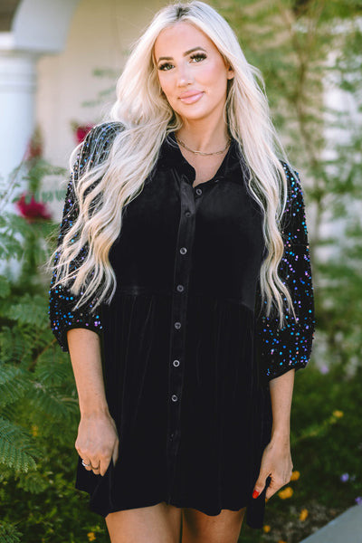 Chic Women's Black Velvet Peplum Blouse with Sequin Puff Sleeves Stylish Button-Up Top for Special Events