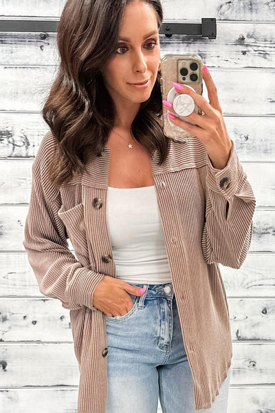 Women's Smoke Gray Twisted Ribbed Shacket with Button Down Front & Chest Pocket - Chic Casual Layering Essential