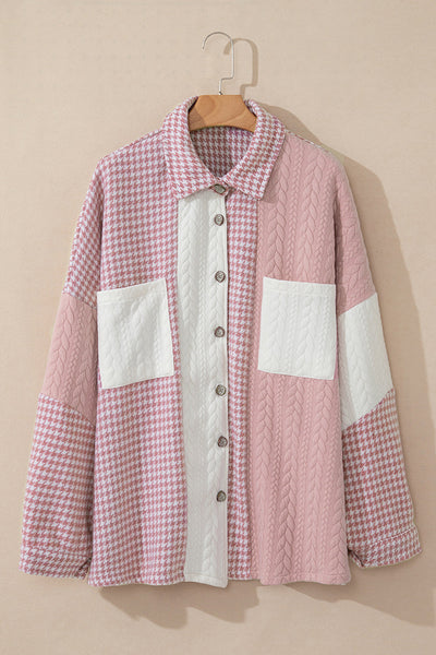 Trendy Women's Pink Houndstooth Patchwork Shacket - Relaxed Fit for Effortless Casual Chic Style