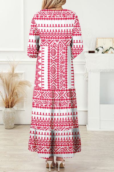 Women's Red Bohemian Geometric Maxi Dress with Half Sleeves