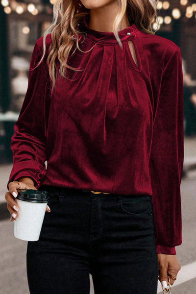 women's red dahlia velvet mock neck blouse with keyhole detail made for easy styling and wardrobe coordination, with premium-like structure and with