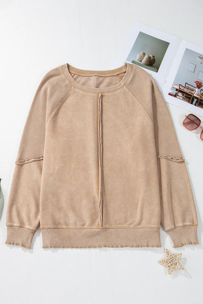 Cozy Women's French Beige Waffle Knit Raglan Sweatshirt with Stylish Patchwork Design for Casual Comfort